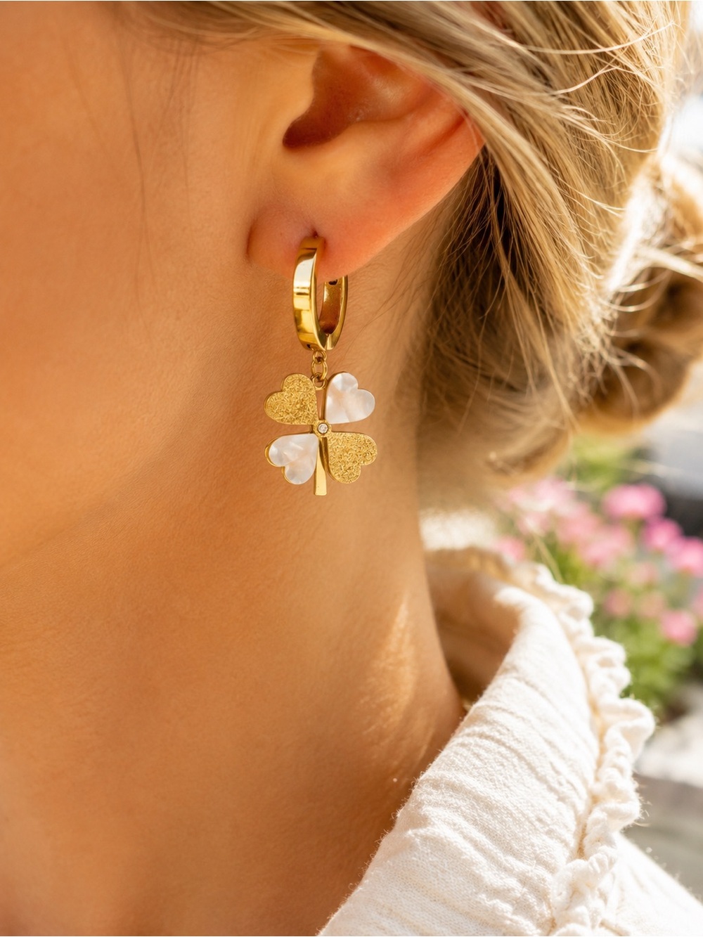 18K Gold Plated Clover Hoop Earrings Waterproof Stainless Steel NWT
